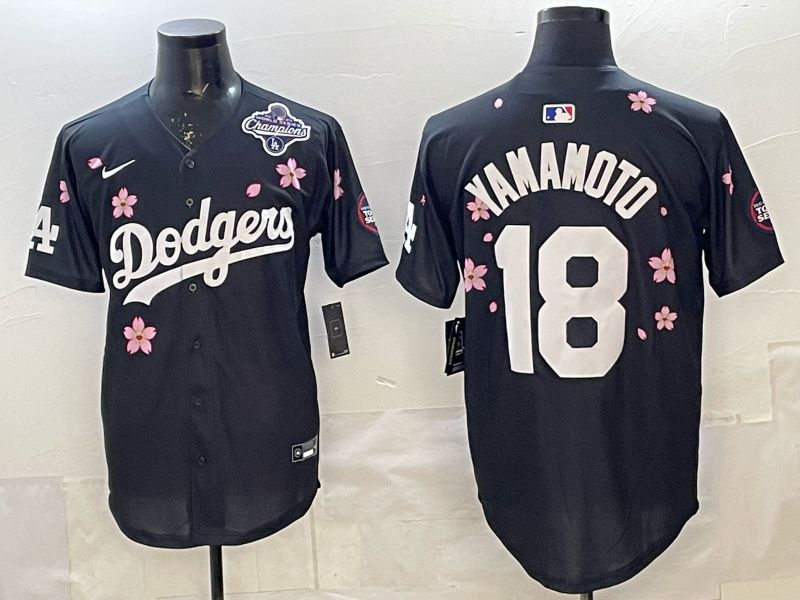Men 2025 Los Angeles Dodgers #18 Yamamoto Black Sakura Edition Nike MLB Jersey 015